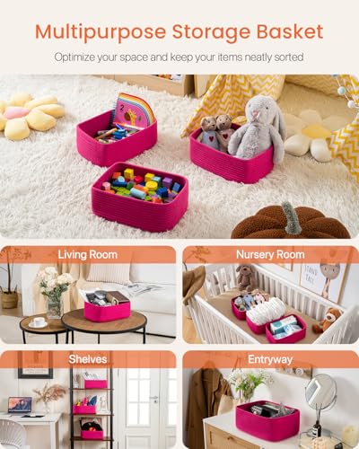 Small Woven Basket, 12 x 8 x 4.5 Inches, Storage Basket for Organizing, Cute Small Rope Shelf Closet Cube Storage Bins Baskets for Shelves, Dog Toy Gift Baskets Empty, 3 Packs, Hot Pink - color: Hot Pink, size: 12"L x 8"W x 4.5"H