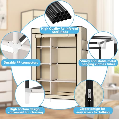 Calmootey Portable Closet Organizers, Clothing Storage, Wardrobe with 6 Shelves and Hanging Rod, Non-Woven Fabric Cover with 4 Side Pockets, Beige - color: Beige