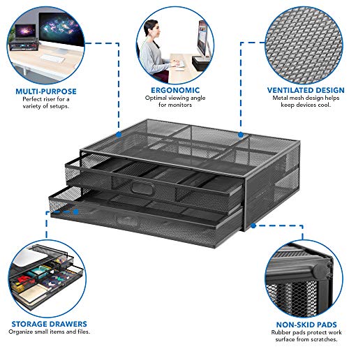 MOUNT-IT! Computer Monitor Stand With Drawers, Metal Mesh Riser and Organizer for Laptops and Computer Screens, Laptop, and Printer Accessories and Office Supplies (Black) - color: Black