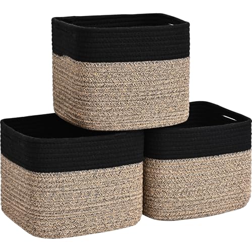 3 Pack Cube Storage Bin, 9”x9”x7” Cotton Rope Woven Baskets for Organizing Toys Clothes Towels, Square Gift Storage Baskets for Shelves, Nursery, Closet, Bathroom, Pantry (Black & Brown) - color: Black & Brown, size: 9" x 9" x 7"