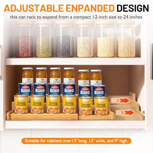 Bamboo Expandable Can Rack Organizer for Pantry, Stackable 3 Tier Canned Food Organizers and Storage, Kitchen Cabinet, Can Holders Dispensers for Pantry Up To 24 Cans