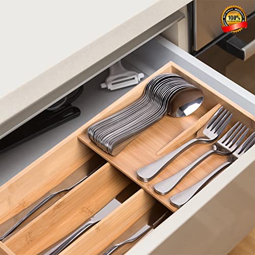 guiogc Bamboo Silverware Organizer, Kitchen Silverware Drawer Organizer, Utensil Tray Holder, Cutlery Tray for Spoons, Forks, Knives - size: Double Layer-Medium