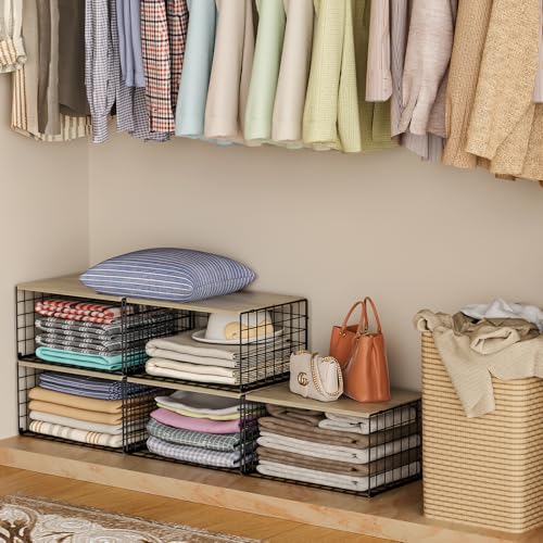 Extra-Long, Low-Profile Closet Organizers and Storage with Wood Top, 3 Pack Stackable Closet Shelf Organizer, Space-Saving Clothes Storage Bin for Wardrobe & Bedroom & Small Spaces, Sturdy Metal Black - color: BLACK, size: 15.74"L x 12"W x 8.66"H