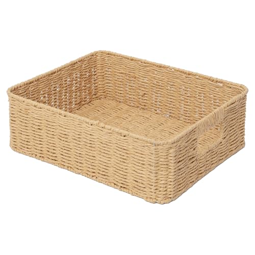 Drawer basket Handwoven Paper Rope Rectangular Shallow Basket Storage-15.35X12.01X4.72 Inches (Light brown) - color: Light brown