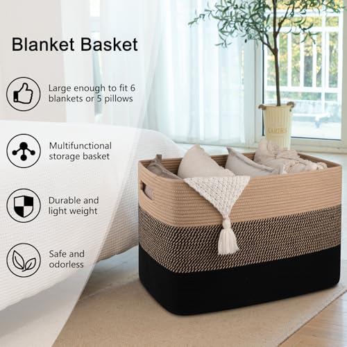 OIAHOMY 108L Super Large Blanket Basket, 25”x16”x16” Rectangle Woven Baskets for Storage, Cotton Rope Basket For Living Room, Toy Storage with Handle- Yellow and Black - color: Yellow and Black