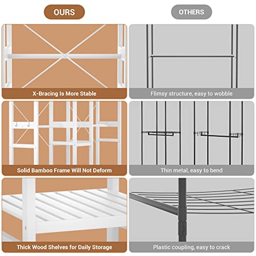 Homykic Bamboo Closet System Clothes Rack, Large Freestanding Garment Rack Clothing Rack for Hanging Clothes with 7 Storage Shelves and 5 Rods, Open Wardrobe Organizer with 4 Hooks, White - color: White, size: III Large