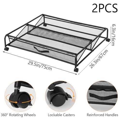 Under Bed Shoe Storage Organizer, 2-Pack Metal Mesh Storage Drawers with Wheels – Rolling Underbed Shoe Organizer for Space Saving Bedroom Organization (Black)