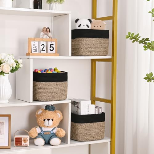 3 Pack Cube Storage Bin, 9”x9”x7” Cotton Rope Woven Baskets for Organizing Toys Clothes Towels, Square Gift Storage Baskets for Shelves, Nursery, Closet, Bathroom, Pantry (Black & Brown) - color: Black & Brown, size: 9" x 9" x 7"