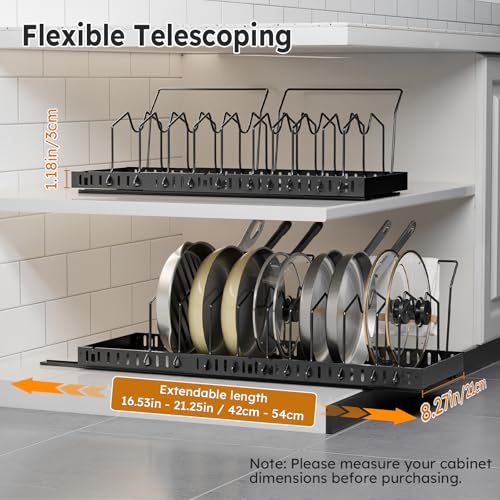 DTUQYX 2 Pack Pots and Pans Organizer - Expandable Pull Out Pot and Pan Organizer with 20 Adjustable Dividers for Kitchen,Smooth Sliding Inside Cabinet for Pot Lid,Cookware,Tableware - color: Greyish black