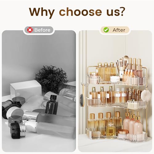 Corner Bathroom Counter Organizer 3-Tier Bathroom Organizer Countertop with Hooks Perfume Organizers Storage Shelf for Makeup & Skincare Dresser-Clear - color: Clear, size: 3 Tier