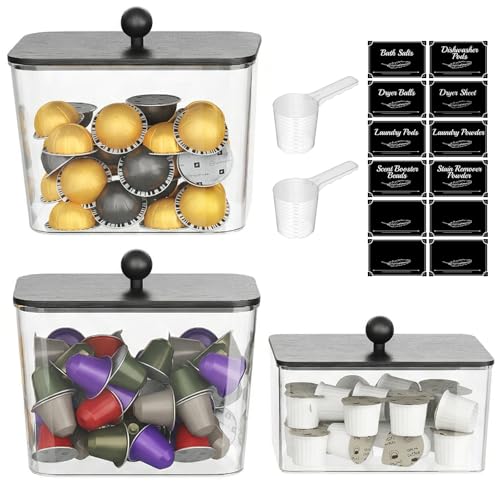 Lifewit 3 Pcs Laundry Pods Container with Bamboo Lid, Dryer Sheet Holder, Laundry Room Organization for Washing Powder, Scent Booster Beads, 2600 +2000ml/0.53+0.7gal - color: Black, size: 0.53+0.7gal