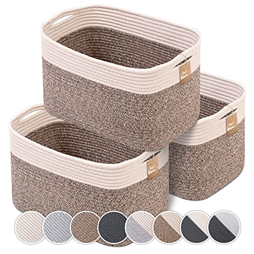 CHAT BLANC Cotton Rope Baskets for Organizing | 15”x10”x9” Storage Baskets for Shelves | Small Laundry Woven Baskets for Storage, Dog Toy Bin, Baby Basket,Off White&Brown 3 Pack - color: Creamy White & Brown, size: 3 PACK | Medium | 15"x10"x9"