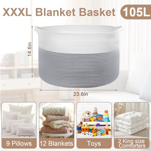 XXXL Large Laundry Basket, 105L Soft Cotton Rope Basket, Blanket Storage and Organizers, Baby Nursery Laundry Hamper, Extra Large Toys Storage Bins for Kids 23.6'' x 14.6'', White & Gray - color: Gray & White, size: 105L