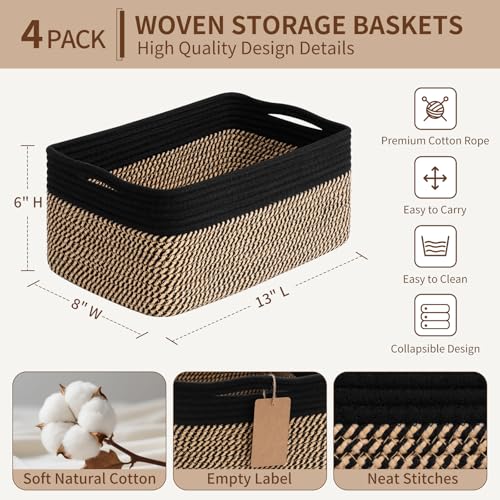 Goodpick 4 Pack Storage Baskets for Shelves, Rectangle Wicker Storage Bins for Baby Shower Toys, Decorative Organizer Shelf Baskets for Gifts Empty, 13''L x 8''W x 6''H, Black & Jute - color: Black & Jute