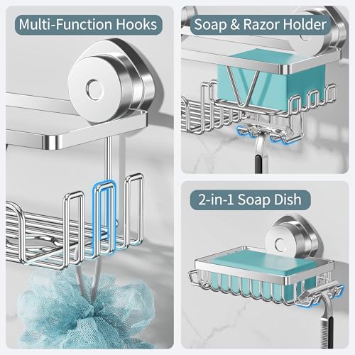 KEGII Suction Cup Shower Caddy – 3 Pack Suction Cup Shelf with Soap Holder & Hooks, Rustproof Stainless Steel Shower Organizer Rack, Removable No Drilling Bathroom Storage Rack, Silver