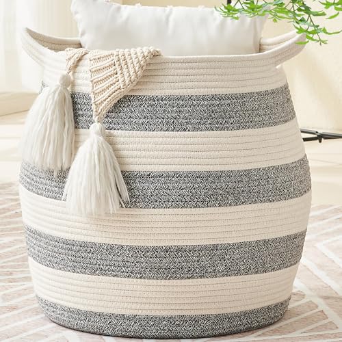 KAKAMAY Woven Baskets for Storage(17"x17"),Large Cotton Rope Basket Woven Baby Laundry Hamper,Collapsible Laundry Basket, Blanket Basket for Organizing Living Room,Nursery,Pillows,Toy Chest(Grey) - color: Grey and White
