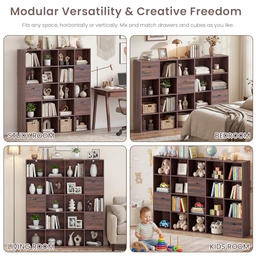 Walnut Cube Storage Bookcase, Rustic Brown 20 Cube Storage Organizer, Wooden Bookshelf with 3 Fabric Bins, Freestanding Bookcase for Bedroom Living Room, Large Home Organizer Shelf, Farmhouse Style - color: Walnut, size: 20 Cube