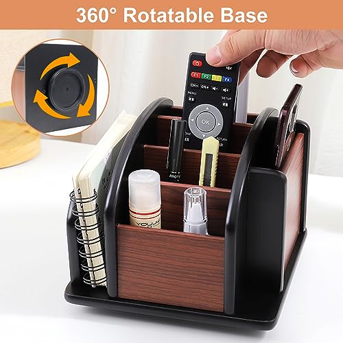 Coideal Remote Control Holder Caddy - Wooden Rotating Coffee Table Organizer Large Spinning Wood Remote Holder for Living Room Office (6 Compartments, Brown & Black) - size: 6 compartments