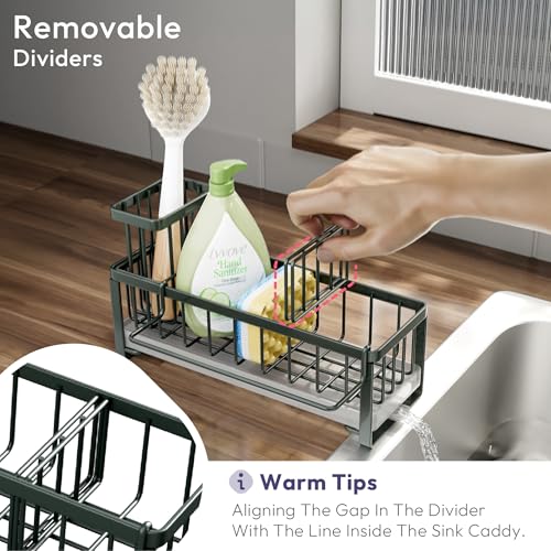 SWTYMIKI Sponge Holder for Kitchen Sink - Sink Caddy with Brush Holder Self-draining Sponge Caddy Organizer with Divider Stainless Steel Kitchen Accessories Storage for Countertop, Green - color: Green