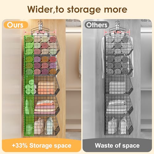 Capacity Upgrade Edition Deeper 4'' 5 Tier Foldable Hanging Closet Organizer and Storage，Wire Cabinet Shelves and Rack with 5 S Hooks,Stackable Metal Basket Bins for Clothes Shoe Purse,Black - color: Black, size: 5-Tier