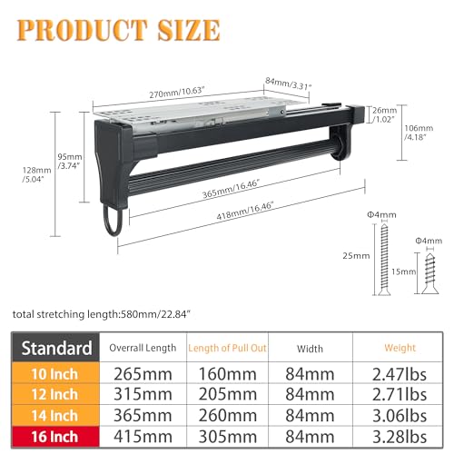 Alise Pull Out Clothes Hanger Rack for Closet,Heavy Duty Closet Rod with Automatic Soft-Close Mechanism for Closets,16 inch Closet Pull Out Metal Rod Organizer Hangers for Coats Pants Hangers,Black - color: Black, size: 16 Inch