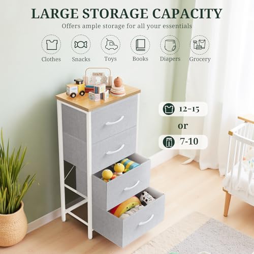 Nightstand, 4 Drawer Dresser End Table Bedside Furniture with Wooden Top Steel Frame Fabric Bins for Bedroom, Closet, Entryway, Dorm, Living Room, Light Gray - color: Light Gray, size: 11.8"D x 17.7"W x 37.4"H (4 Drawers)