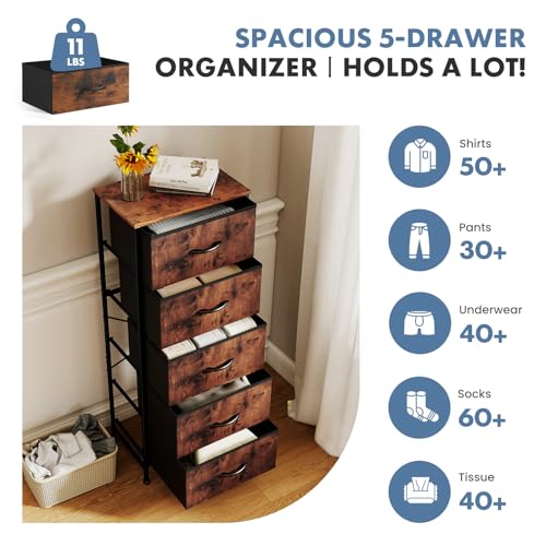 DUMOS Nightstand with 5 Drawers Bedside Table with Removable Fabric Bins Sturdy Steel Frame Wood Top Organizer Furniture for Bedroom Closet Living Room, Brown - color: Brown, size: 15.69"W x 11.8"D x 47.7"H(5 Drawers)