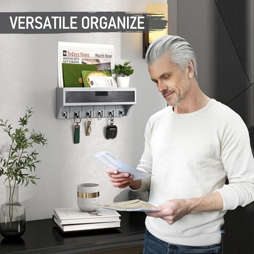 Rebee Vision Modern Pine Wood Key Holder Wall Mount with Drawer Organizer - Stylish Mail Organizer with 6 Key Hooks & Wall Shelf - Modern Apartment Essentials for Room Decor (Gray & Black) - color: Gray & Black, style: 1-Drawer