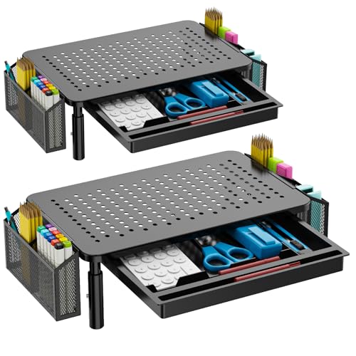 WALI Dual Monitor Stand with Storage, Desk Organizer with Drawer and Pen Holder, Desk Monitor Riser 3 Height Adjustable, Laptop Riser for Computer, Laptop, Printer (STT003DH-2B), 2 Pack, Black - color: Black 2 Pack, size: with Drawer and Pen Holder