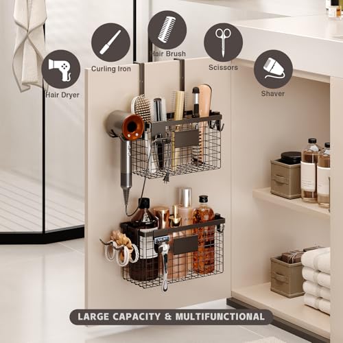 Magheo 2 Pack Hair Tool Organizer,Adhesive Hair Dryer Holder Cabinet Door/Wall Mounted Adjustable Height Blow Dryer Holder Under Sink Bathroom Hair Appliance Organizer and Storage Countertop(Black) - color: Black, size: Cabinet Door - 2 Pack (1 Tier)