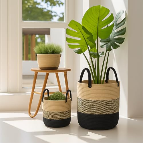 ShellKingdom Laundry Basket, Natural Rope Woven Storage Basket with Handles for Home, Living Room, Laundry, Storage Organizer for Blankets, Clothes, Plant, Toys, 15.7 x 13.8 INCH (3-Toned Khaki Black) - color: 3-Toned Khaki Black, size: 38L