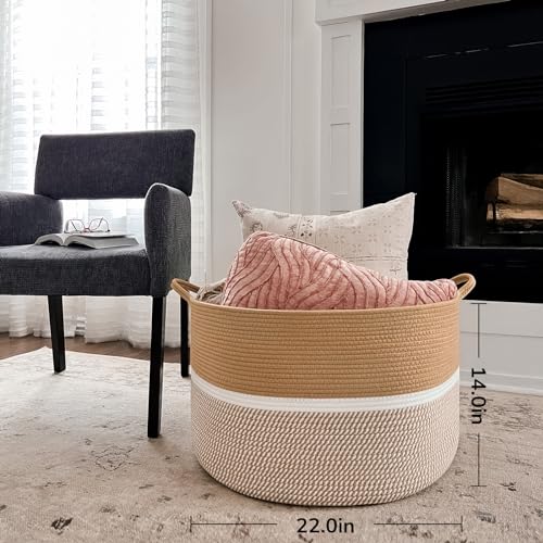 CHICVITA XXL Extra Large Cotton Rope Woven Basket with Handles, Throw Blanket Storage Basket, Decorative Clothes Hamper - 22" x 22" x 14", Brown&White - color: Brown and White