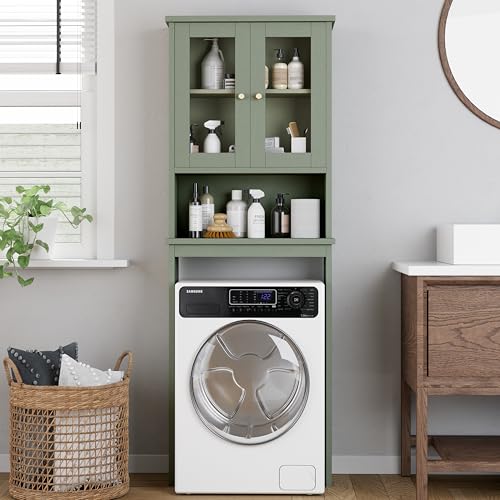 Shintenchi Over the Toilet Storage Cabinet, Bathroom Shelf Organizer with Anti-Tip Device Small Freestanding Space Saver with Adjustable Shelf and Glass Door, Green - color: Green, size: Glass Door