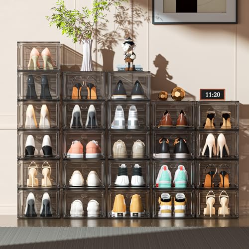 ARSTPEOE Upgrade Harder Solid Plastic Shoe Organizer with Magnetic Front Door, 12 Pack Shoe Boxes Clear Stackable, Sneaker Storage for Closet, Shoe Display Case, Black - color: Black, size: 12 Pack