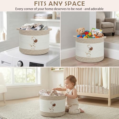 Baby Laundry Basket for Nursery, Baby Storage Baskets, Soft Foldable Cotton Rope Bin with Cute Embroidered Designs for Home Toys Organizer - color: Giraffe
