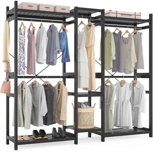 Homykic Bamboo Closet System Clothes Rack, Large Freestanding Garment Rack Clothing Rack for Hanging Clothes with 7 Storage Shelves and 5 Rods, Open Wardrobe Organizer with 4 Hooks, Black - color: Black, size: III Large