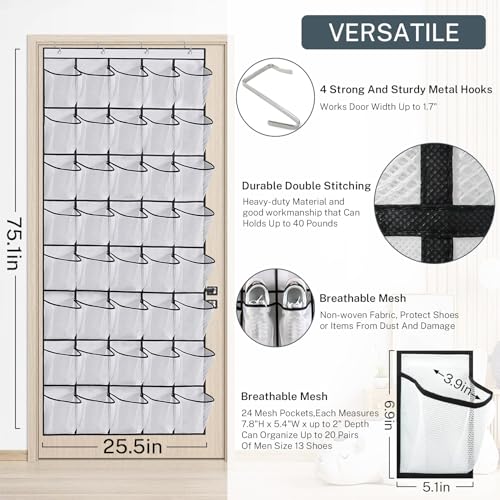40-Pocket Over the Door Shoe Organizer - Large Mesh Pocket Hanging Shoe Rack for Door, Shoes Storage Holder Sturdy Non-woven Fabric - Stores 20 Pairs (White02) - color: White02