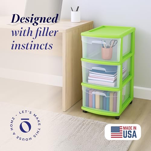 HOMZ Drawer Tower, 3-Tier Clear Plastic Storage Organizer Cart, Bold Lime Frame - Rolling Drawer Containers with Wheels for Bathroom, Bedroom, Office, and Classroom Organization - color: Bold Lime, size: 1 Pack