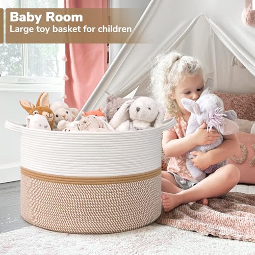 CHICVITA XXL Extra Large Blanket Basket, Cotton Rope Storage Basket for Organizing, Home Decor Woven Basket for Laundry Baby Nursery Decorative Toy Bin, White and Brown, 22" x 22" x 14" - color: White and Brown
