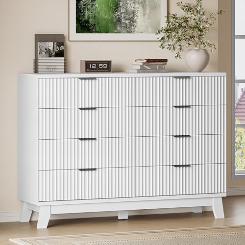BORNOON 53" Tall Dresser for Bedroom, 8-Drawer Fluted Chest of Drawers, Modern Wood Highboy with Metal Slides and Handles, Anti-Tip Kit, Vertical Clothes Storage Organizer for Apartment, Closet - color: Pure White, size: XL 8-Drawer