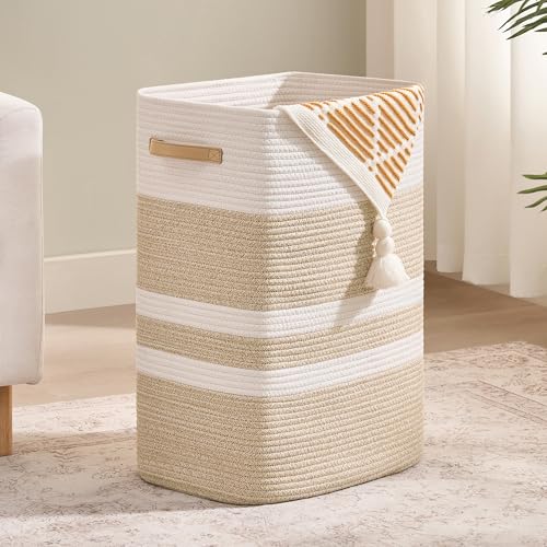Nunsino Laundry Hamper,Laundry Basket with Leather Handles,Woven Storage Basket for Toys,Pillows,Blankets,Clothes,Brown&White - color: Brown&White, size: 65 L