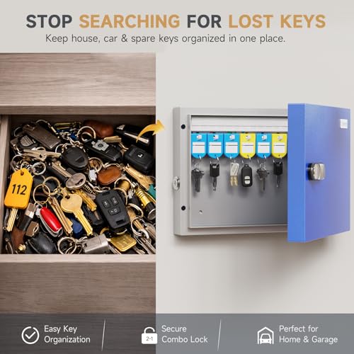 16 Key Lock Box - Wall Mounted Key Cabinet with 3-Digit Combination Lock & Backup Key, Key Organizer Lockbox for Home, Office, Rental, Property Management, Includes Key Tags & Magnetic Door - size: 16 keys（Basic)