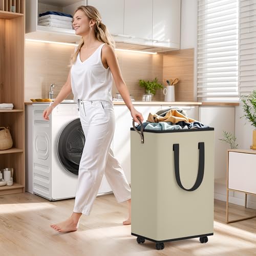 SpaceTrove Laundry Basket with Wheels, Collapsible Laundry Baskets, Laundry Hamper with Handles Detachable Wheels, Rolling Laundry Basket, Dirty Clothes Hamper for Bathroom, Dorm, Bedroom, Beige, 80L - color: Beige, size: 80L