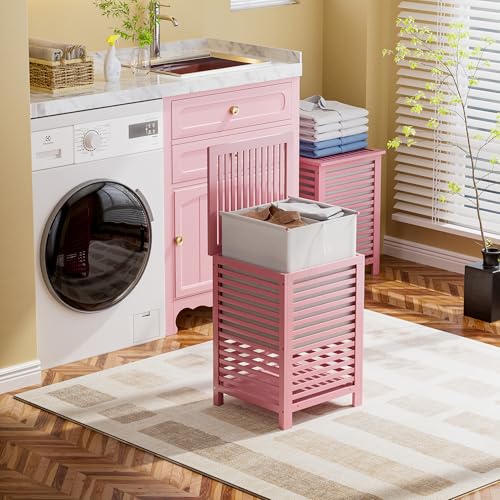 SMIBUY Double Laundry Hamper with Lid, 120L Bamboo Laundry Basket with Removable Liner Bag, 2-Section Clothes Divider Laundry Sorter for Laundry Room, Bathroom, Bedroom (Pink) - color: Pink
