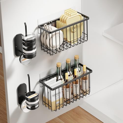 Mustorn 4 Pack Adhesive Cabinet Door Organizer, Lid Organizers Inside Cabinet Food Container/Tumbler Lid Organizer and Storage Cup Lids Holder for Kitchen & Bathroom Wall Mounted(Black) - color: Black, size: 4 Pack