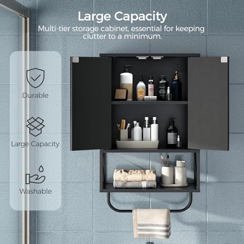MAHANCRIS Bathroom Wall Cabinet with 2 Door and Adjustable Shelf, Farmhouse Medicine Cabinet with Towel Rack, 3-Tier Wall Mounted Storage Cabinet Over The Toilet for Bathroom Laundry Room, Black - color: Black, size: 15"L x 7.9"W x 26.1"H