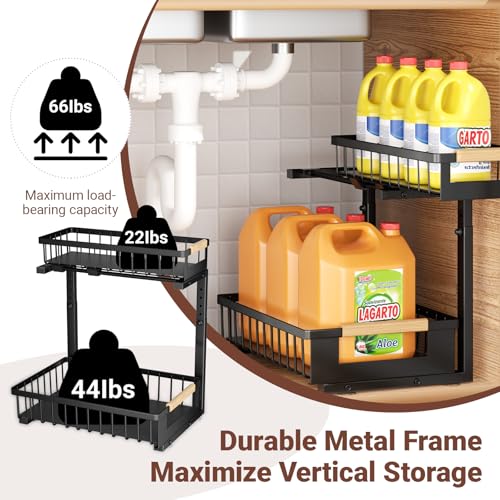 Under Sink Organizer, L-Shape 2 Tier Pull Out Cabinet Organizer with Adjustable Height, Metal Sliding Storage Rack for Kitchen Bathroom Pantry, Black, 2 Pack - color: Black-2 Pack