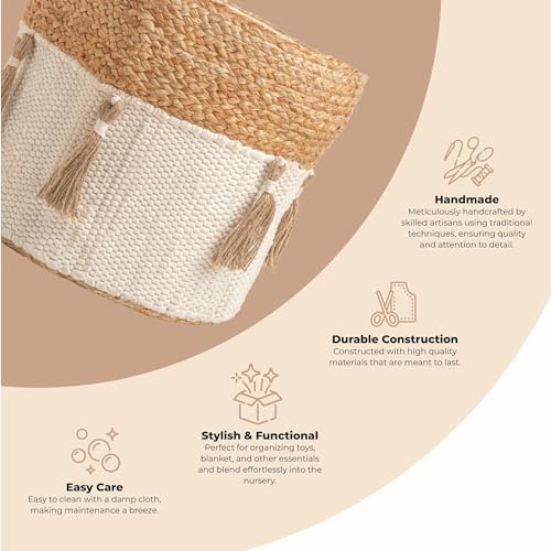 Crane Baby Boho Safari Nursery Decor Baby Storage Bin, Cotton & Jute Collapsible Fabric Basket Organizer, 13X12 Jute 13 X 12 Inches Beige - size: 13 x 12 Inches, style: Jute
