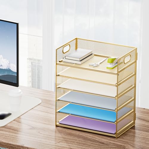 Marbrasse Paper Letter Tray Organizer - 6 Tier Mesh File Organizer with Handle, Paper Sorter Organizer for Letter/A4 Office File Folder Holder - Gold - color: Gold
