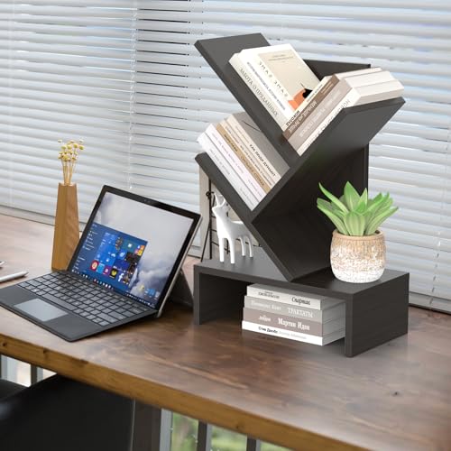 Godferyxin Small Bookshelf with Drawer for Desk,Compact Wood Book Organizer for Home Office, Bedroom, or School, 4-Tier Mini Bookcase with Storage for Decor - color: 4-tier-black Coffee